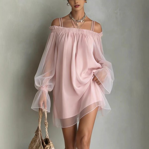 95b8eba3-f1bb-4213-bb88-43a60049bd90.jpg Off-shoulder Loose-fit Pleated Boatneck Dress