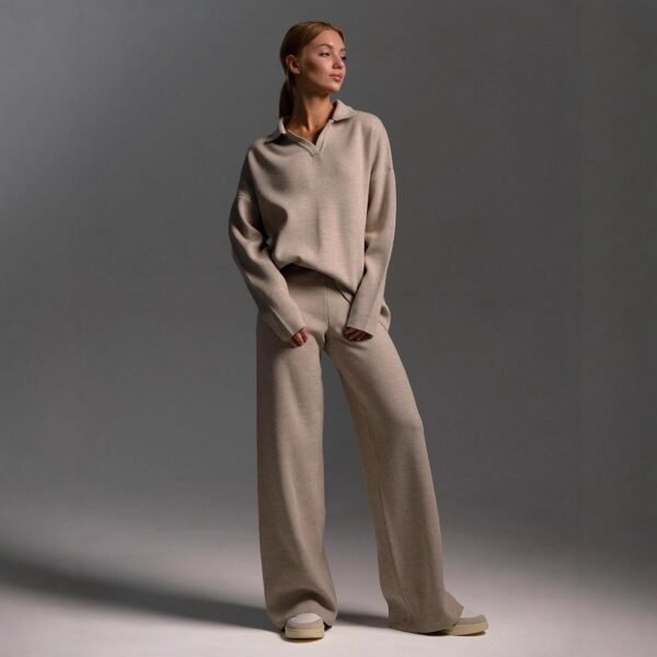 Womens Solid-color Polo-collar Wide-leg Pants Set
