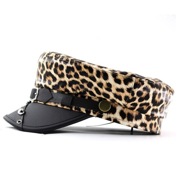 9b93b3d7-76ee-47e2-b808-f843080865ed.jpg Lady Leopard-print PU Leather Bold Stud Belt Design Beret With Retro British Style Metal Fastener, Unique Edgy Girl Punk Hat, Street Style Versatile Hat