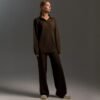 Womens Solid-color Polo-collar Wide-leg Pants Set