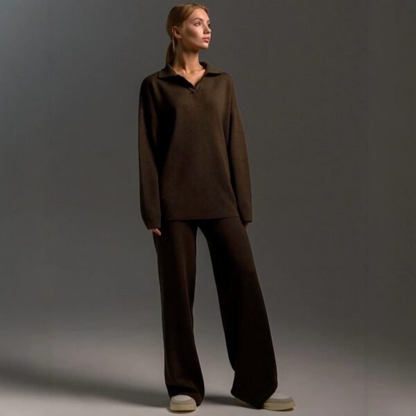 Womens Solid-color Polo-collar Wide-leg Pants Set