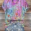 3D Digital Print T-Shirt Womens V-Neck Short-Sleeve Top