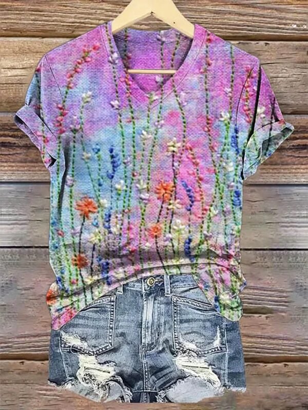 3D Digital Print T-Shirt Womens V-Neck Short-Sleeve Top