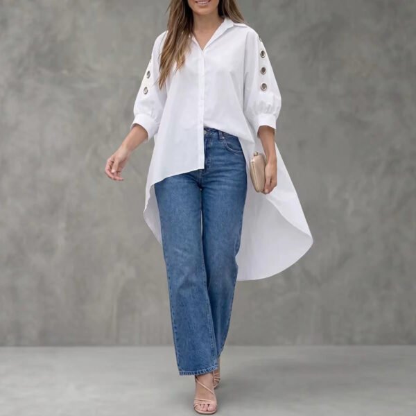 Womens Loose-fit Solid-color Long-sleeve Shirt