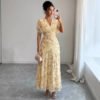 Womens Casual Floral-print V-neck Puff-sleeve Dress
