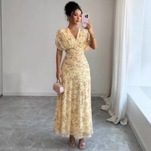 Womens Casual Floral-print V-neck Puff-sleeve Dress