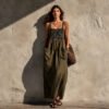 Olive Green Cotton-Linen Strap For Women Loose-Fitting Slimming Long Dress In A Vacation Style