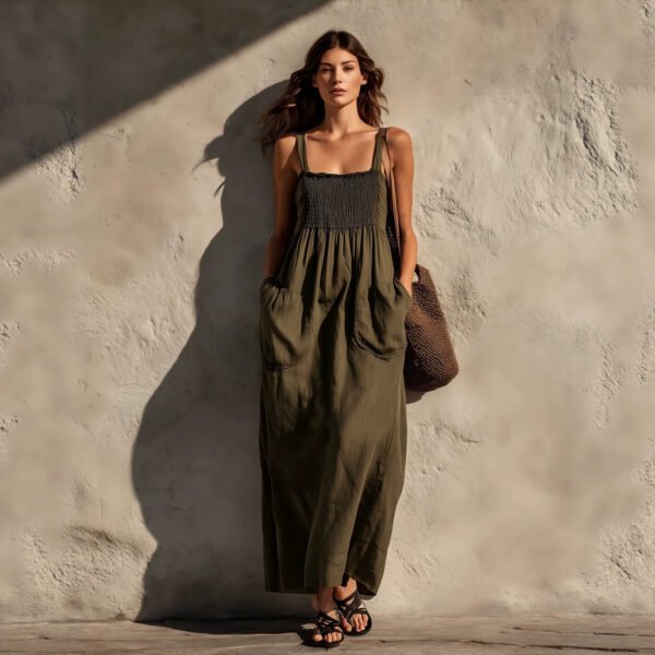 Olive Green Cotton-Linen Strap For Women Loose-Fitting Slimming Long Dress In A Vacation Style