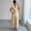 Womens Casual Floral-print V-neck Puff-sleeve Dress
