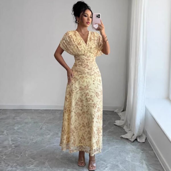 Womens Casual Floral-print V-neck Puff-sleeve Dress