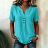 Casual Loose-fit Cotton-linen V-neck Button-up Top