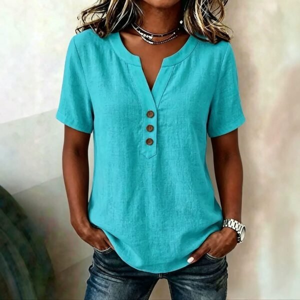 Casual Loose-fit Cotton-linen V-neck Button-up Top