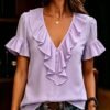 Womens Short-Sleeved T-Shirt With Ruffled Hem And V-Neck