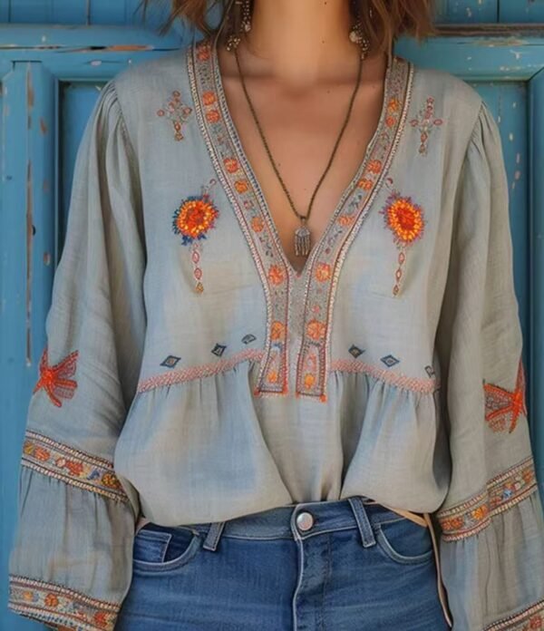 Designer-style V-neck Loose-fit Long-sleeve Top