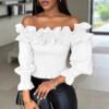Womens Off-shoulder Ruffled Lantern-sleeve Blouse