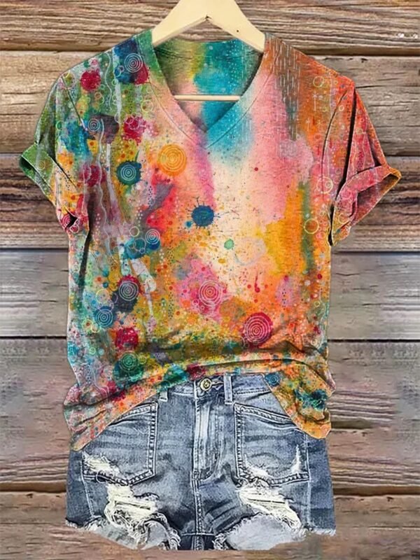 3D Digital Print T-Shirt Womens V-Neck Short-Sleeve Top