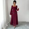 Square Neck Flare Long Sleeve Pearl Trim Waist Maxi Formal Evening Dress