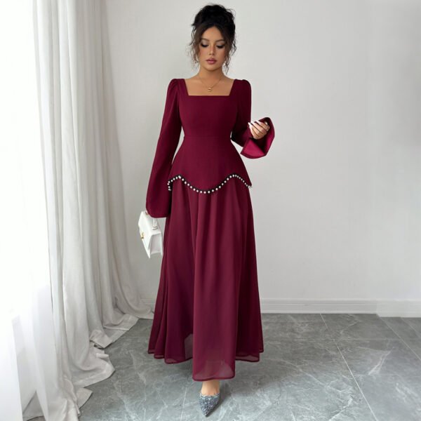 Square Neck Flare Long Sleeve Pearl Trim Waist Maxi Formal Evening Dress