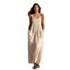 Olive Green Cotton-Linen Strap For Women Loose-Fitting Slimming Long Dress In A Vacation Style