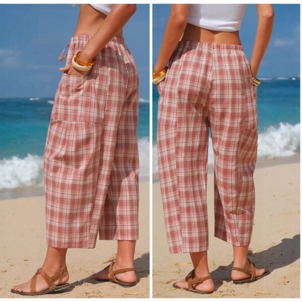 Retro Plaid Drawstring Casual Pants High-Waisted Slimming Straight-Leg Cropped Trousers