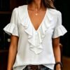 Womens Short-Sleeved T-Shirt With Ruffled Hem And V-Neck