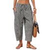 Retro Plaid Drawstring Casual Pants High-Waisted Slimming Straight-Leg Cropped Trousers