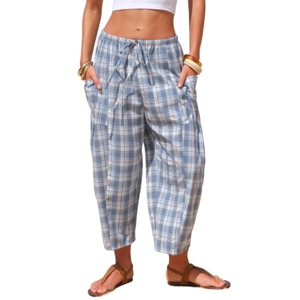 Retro Plaid Drawstring Casual Pants High-Waisted Slimming Straight-Leg Cropped Trousers
