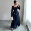Square Neck Flare Long Sleeve Pearl Trim Waist Maxi Formal Evening Dress