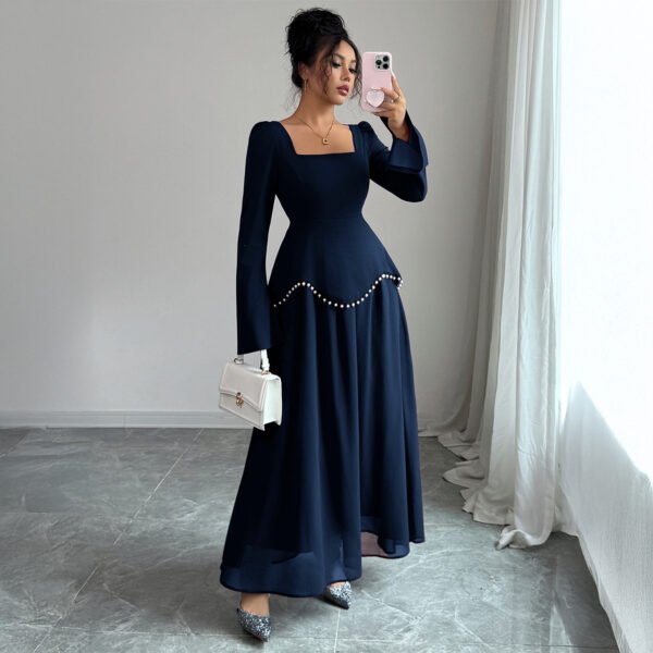 Square Neck Flare Long Sleeve Pearl Trim Waist Maxi Formal Evening Dress