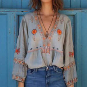 cbc7d723-b994-47b9-bd3c-774bd3fa0d64.jpg Designer-style V-neck Loose-fit Long-sleeve Top