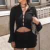 Womens Long-sleeve Off-shoulder, Midriff-baring Top Paired With A Figure-hugging Skirt Set