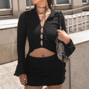 Womens Long-sleeve Off-shoulder, Midriff-baring Top Paired With A Figure-hugging Skirt Set