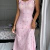 Small Floral Print Ribbed Fabric Ruffled-edged Strap Maxi-length Sleepwear