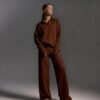 Womens Solid-color Polo-collar Wide-leg Pants Set