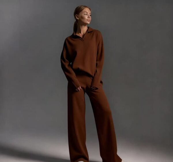 Womens Solid-color Polo-collar Wide-leg Pants Set