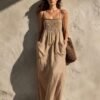 Olive Green Cotton-Linen Strap For Women Loose-Fitting Slimming Long Dress In A Vacation Style