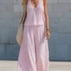 Lace V-neck Pleated Striped Loose-fitting Slimming Wide-leg Pants Set