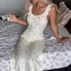 Small Floral Print Ribbed Fabric Ruffled-edged Strap Maxi-length Sleepwear
