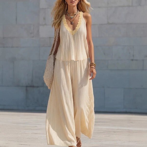 Lace V-neck Pleated Striped Loose-fitting Slimming Wide-leg Pants Set