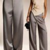 Womens Casual Solid-color Satin Wide-leg Pants
