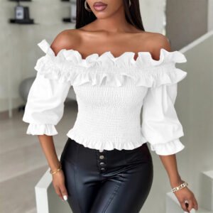 Womens Off-shoulder Ruffled Lantern-sleeve Blouse