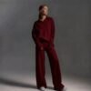 Womens Solid-color Polo-collar Wide-leg Pants Set