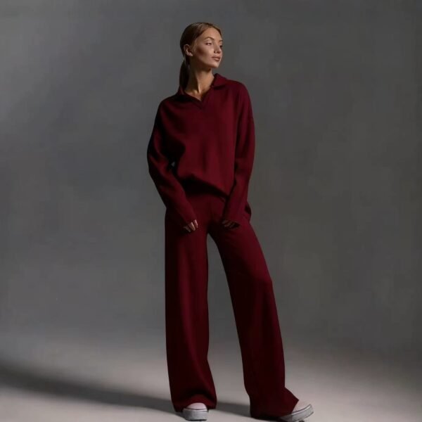 Womens Solid-color Polo-collar Wide-leg Pants Set
