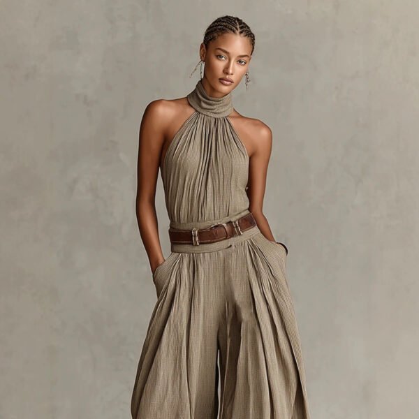 Solid-color Sleeveless Halter-neck Slim-fit Jumpsuit For Women