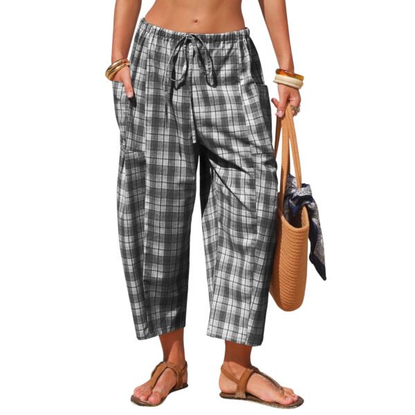 Retro Plaid Drawstring Casual Pants High-Waisted Slimming Straight-Leg Cropped Trousers
