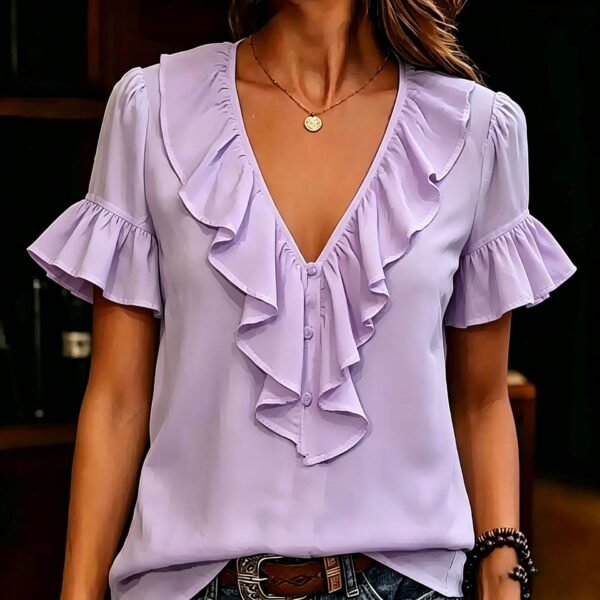 Womens Short-Sleeved T-Shirt With Ruffled Hem And V-Neck