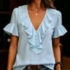 Womens Short-Sleeved T-Shirt With Ruffled Hem And V-Neck