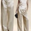 Womens Casual Solid-color Satin Wide-leg Pants