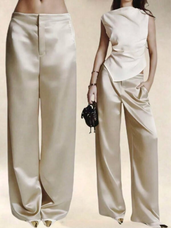 Womens Casual Solid-color Satin Wide-leg Pants