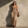 Olive Green Cotton-Linen Strap For Women Loose-Fitting Slimming Long Dress In A Vacation Style
